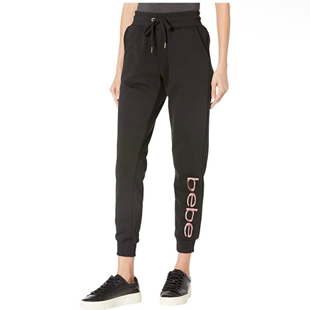 BEBE Sport Fleece Rose Gold Logo Black Jogger Pants/Sz:2X/NWT